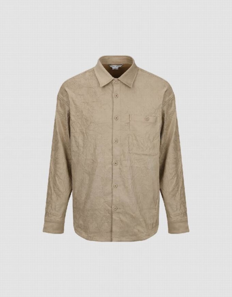 Khaki Urban Revivo Crumpled Effect Loose Men's Shirts | DINBXZ-168