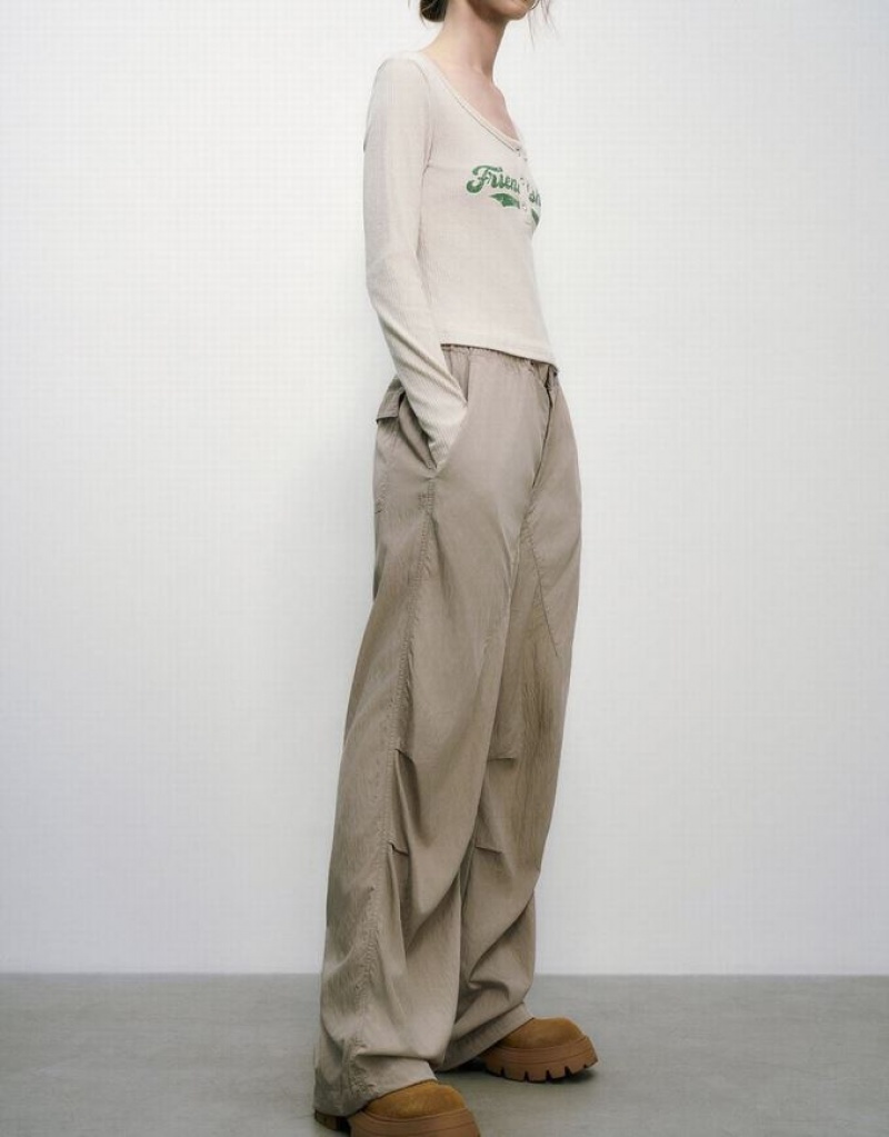 Khaki Urban Revivo Drawstring Waist Wide-Leg Women's Pants | JPMFKL-531