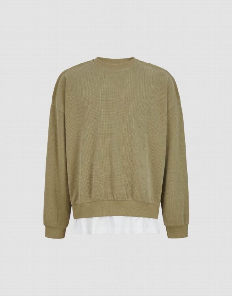 Khaki Urban Revivo Drop Shoulder Sleeve Crew Neck Men's Sweatshirts | ECISYT-254