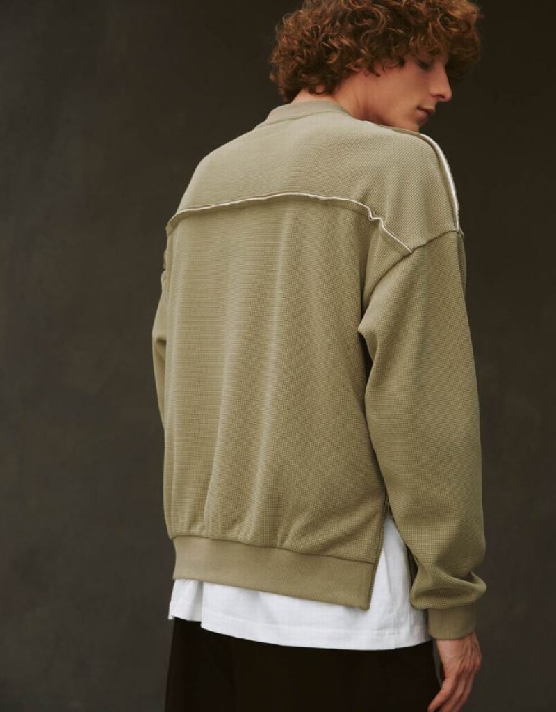 Khaki Urban Revivo Drop Shoulder Sleeve Crew Neck Men's Sweatshirts | ECISYT-254