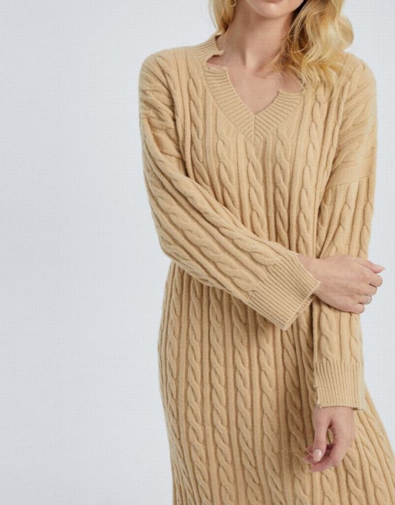 Khaki Urban Revivo Drop Shoulder Cable Women's Knitted Dress | BCHWKP-812