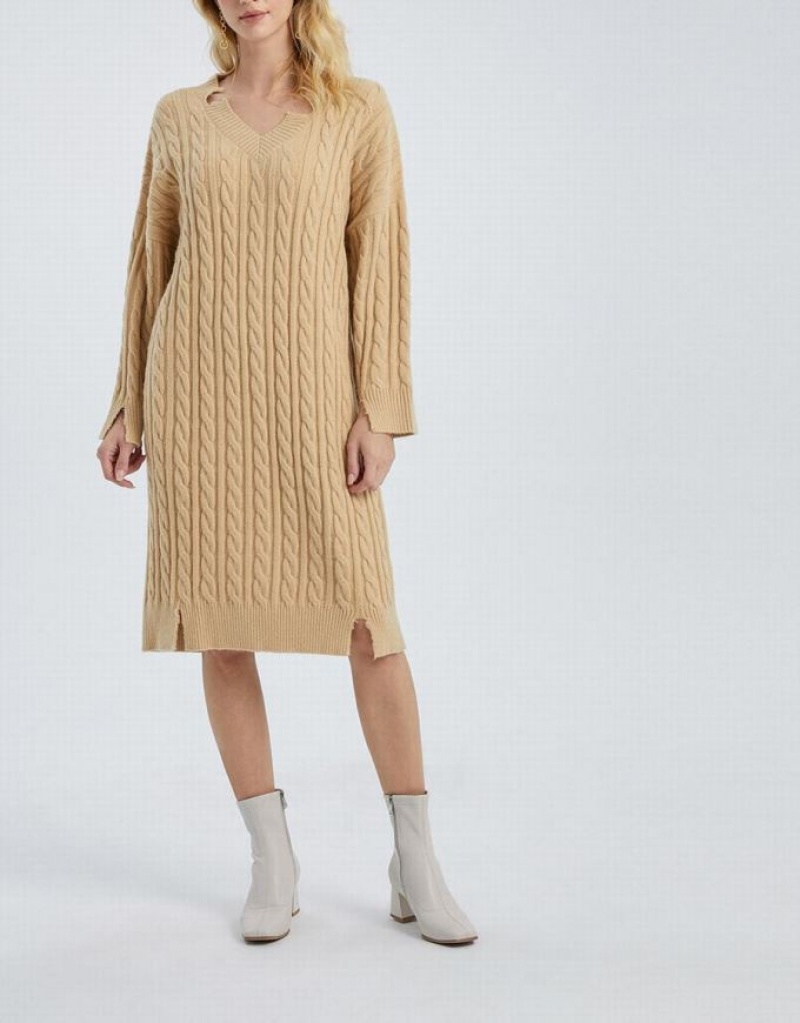 Khaki Urban Revivo Drop Shoulder Cable Women's Knitted Dress | BCHWKP-812