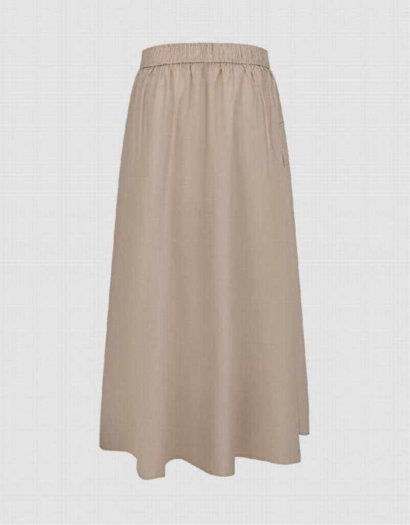 Khaki Urban Revivo Elastic Waist Midi A-Line Women's Skirts | BSXHDI-630