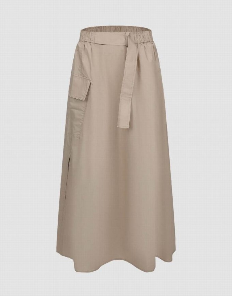 Khaki Urban Revivo Elastic Waist Midi A-Line Women\'s Skirts | BSXHDI-630