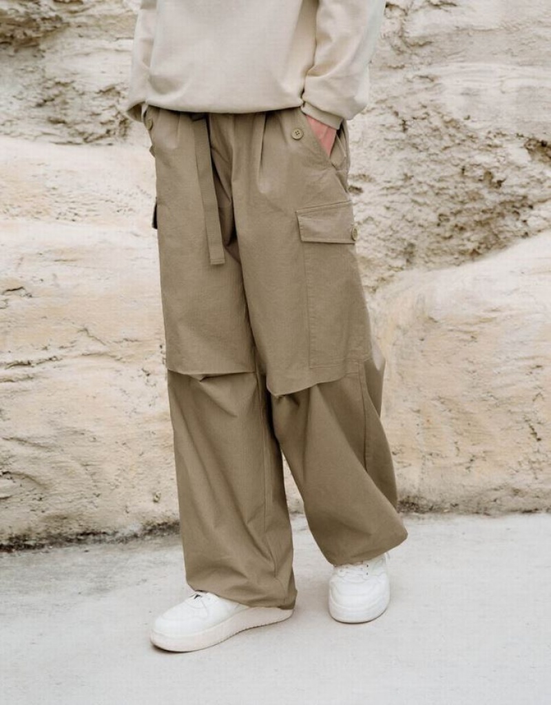 Khaki Urban Revivo Elastic Waist With Belt Men's Joggers | RXASMF-468