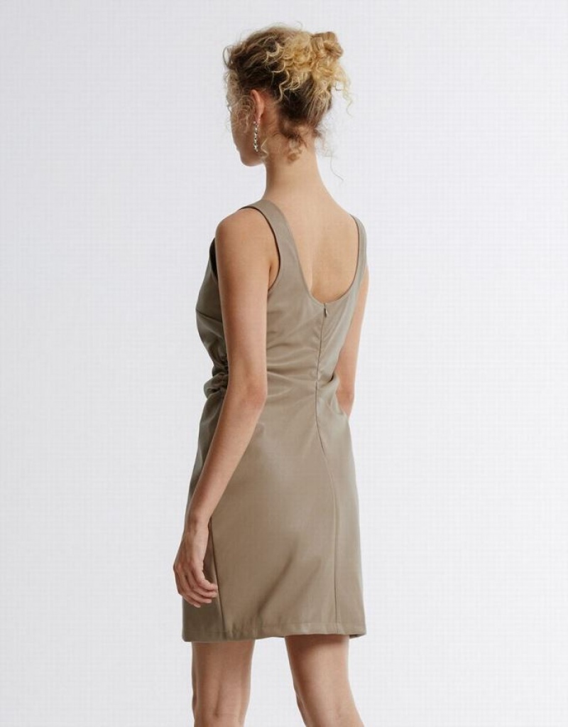 Khaki Urban Revivo Faux Leather Ruched Women's Short Dress | UEYWTA-369