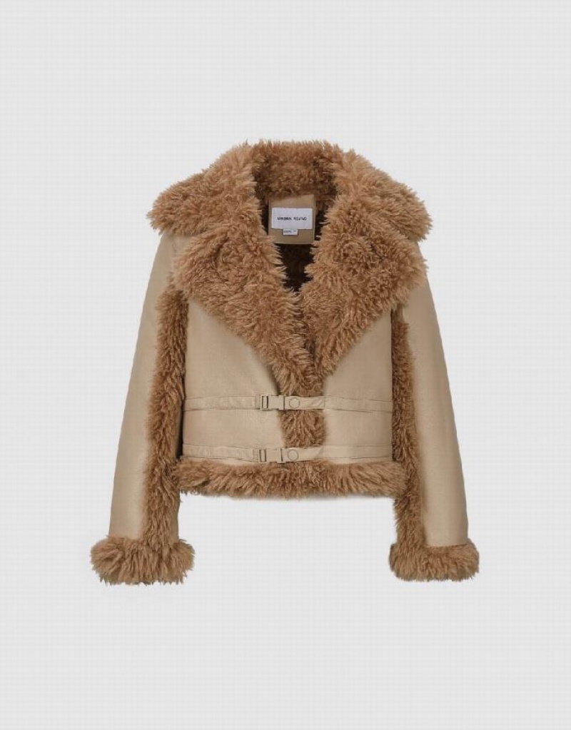 Khaki Urban Revivo Furry Straight Women's Jacket | TWPUDF-738