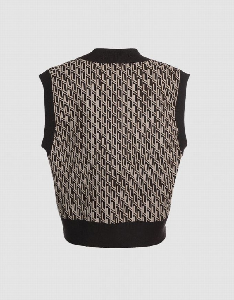 Khaki Urban Revivo Geo Jacquard V Neck Women's Sweater Vest | MQNDTP-501