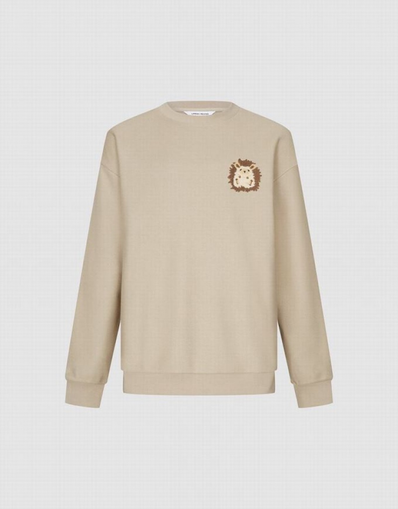 Khaki Urban Revivo Hedgehog Embroidered Crew Neck Men's Sweatshirts | FNHMST-369