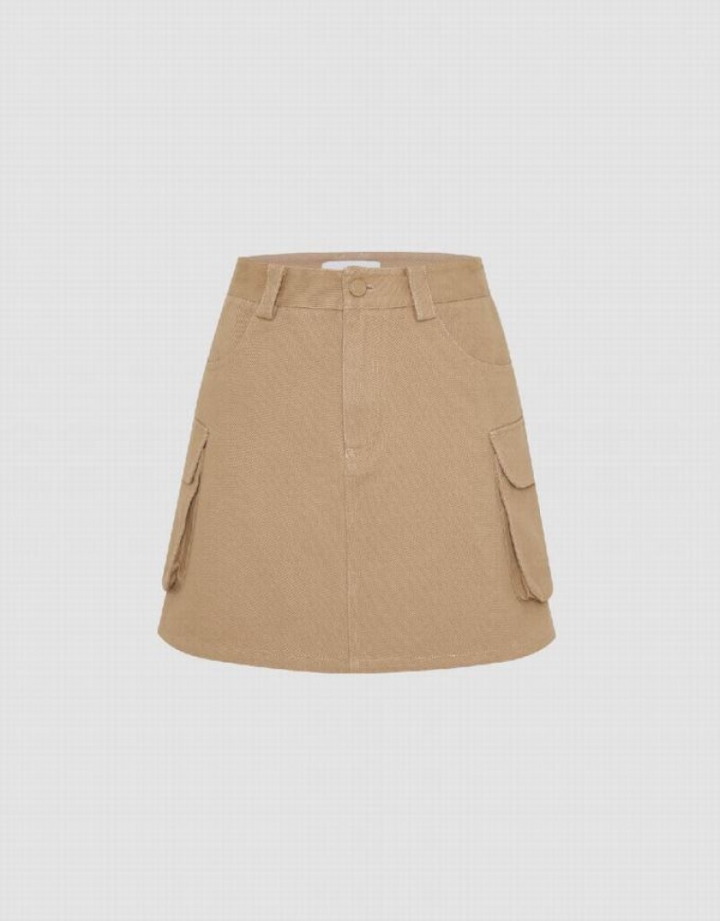 Khaki Urban Revivo Mini A-Line Women\'s Skirts | DLHKJC-847