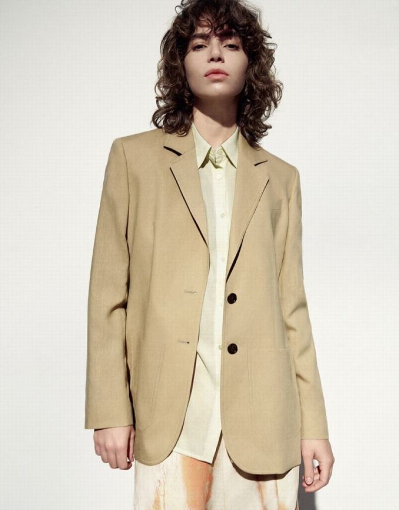 Khaki Urban Revivo Notch Lapel Tailored Women\'s Blazers | IZKXAJ-087