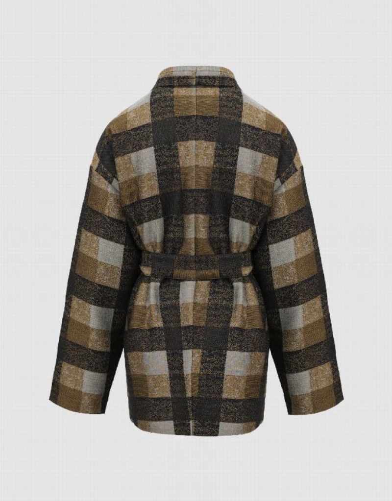 Khaki Urban Revivo Plaid With Belt Women's Down Jackets | OPJUWM-190