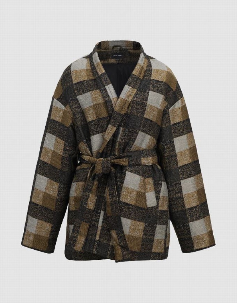 Khaki Urban Revivo Plaid With Belt Women's Down Jackets | OPJUWM-190