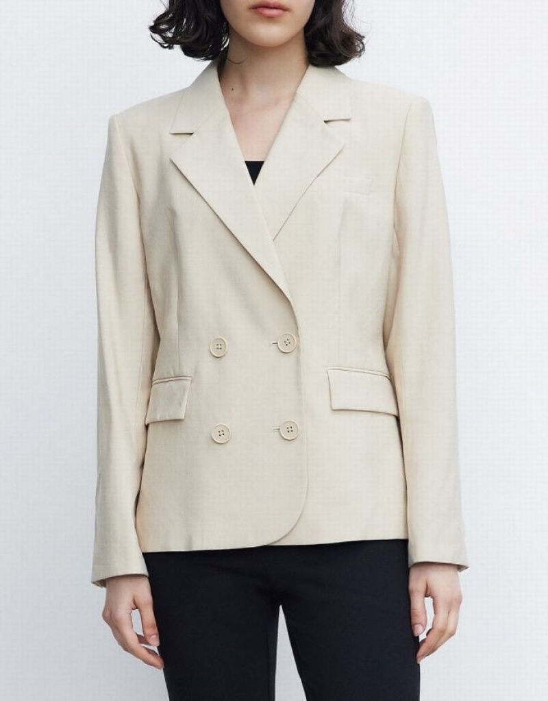 Khaki Urban Revivo Plain Double Breasted Women's Blazers | GODAXV-612