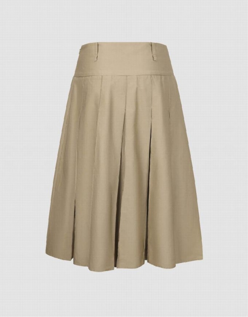 Khaki Urban Revivo Pleated Midi A-Line Women's Skirts | QVLGRT-826