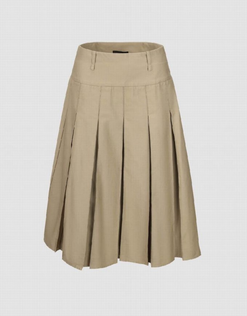 Khaki Urban Revivo Pleated Midi A-Line Women\'s Skirts | QVLGRT-826