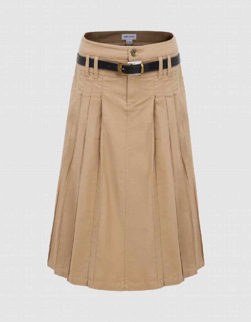 Khaki Urban Revivo Pleated Midi A-Line Women\'s Skirts | AHMDBV-340