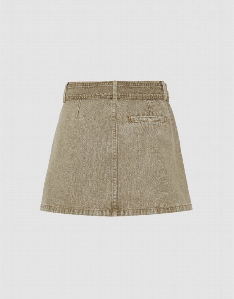 Khaki Urban Revivo Pleated Mini A-Line Women's Denim Skirt | MNBKJV-793