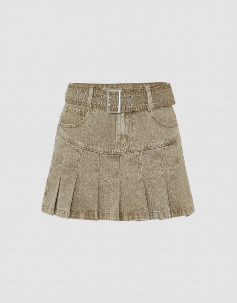 Khaki Urban Revivo Pleated Mini A-Line Women\'s Denim Skirt | MNBKJV-793