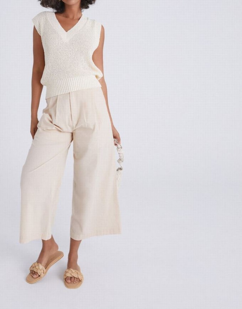 Khaki Urban Revivo Pleated Wide Leg Cropped Women's Pants | CRVEFZ-780