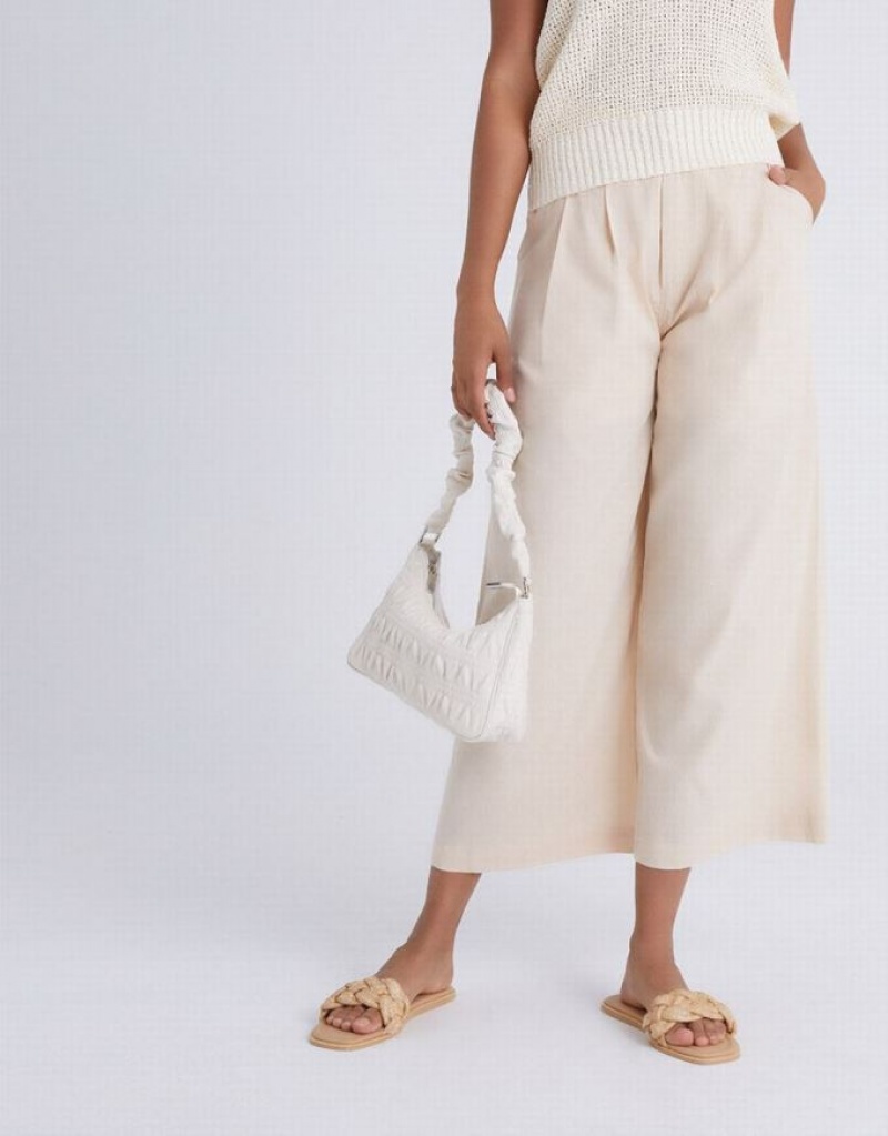 Khaki Urban Revivo Pleated Wide Leg Cropped Women's Pants | CRVEFZ-780