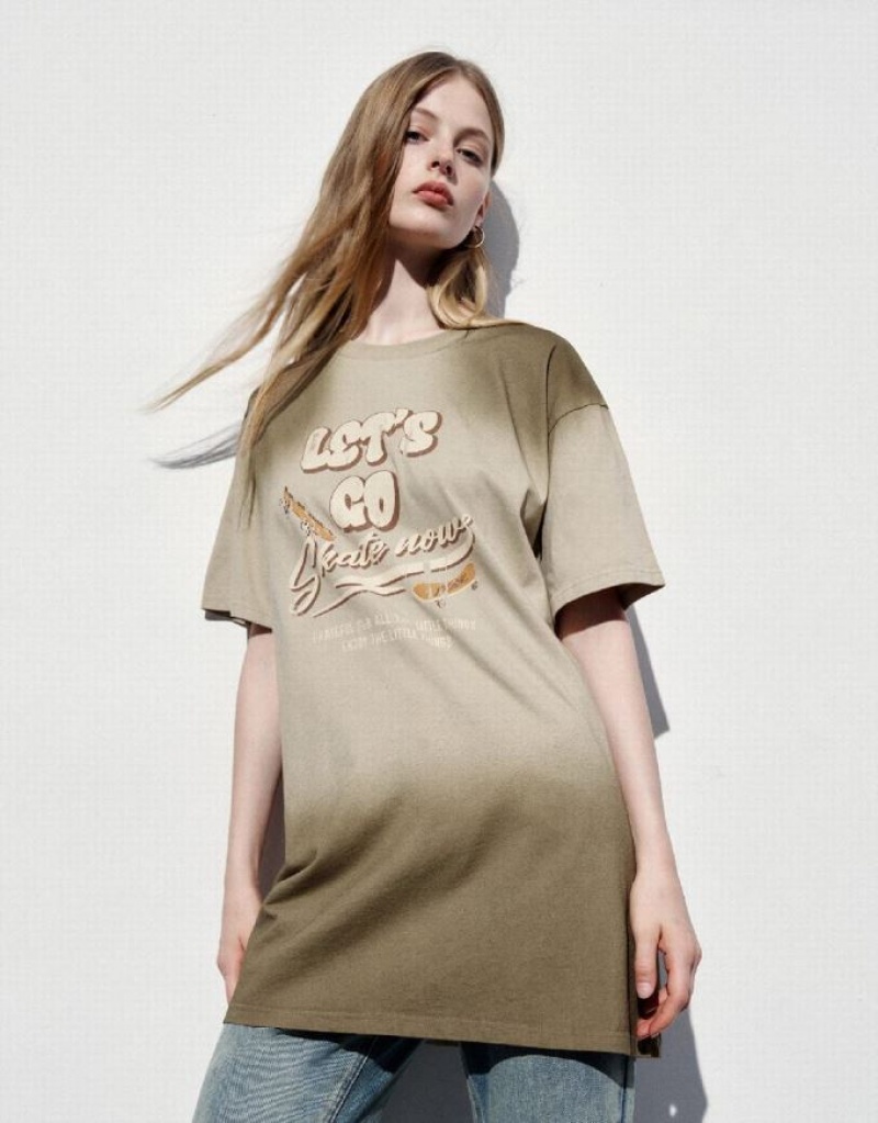 Khaki Urban Revivo Printed Crew Neck Straight Women's Dress | UHQOIW-746