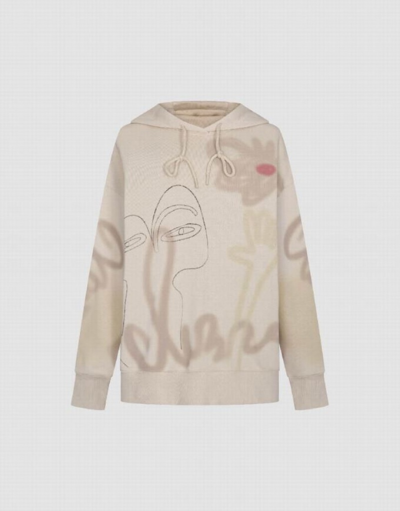 Khaki Urban Revivo Printed Loose Women's Hoodie | LMWKZN-478