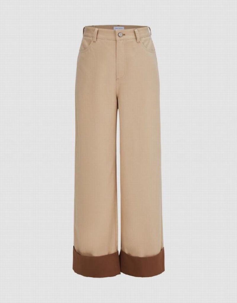 Khaki Urban Revivo Rolled Up Hem Straight Women's Pants | RFLMVP-361