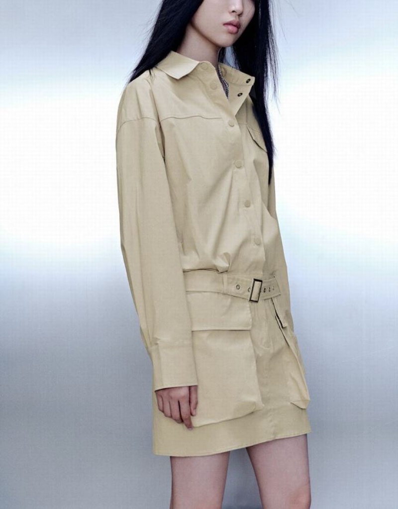 Khaki Urban Revivo Skater With Belt Women's Shirt Dress | TLHZYN-256