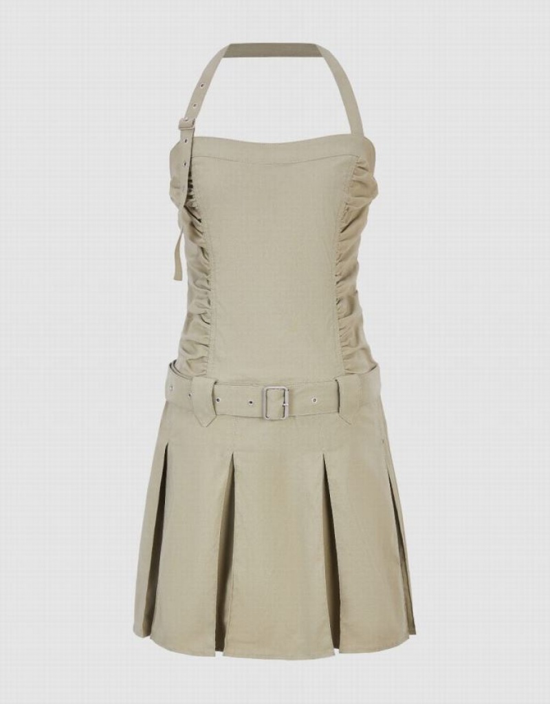 Khaki Urban Revivo Sleeveless A-Line With Belt Women's Dress | RCZUPG-429