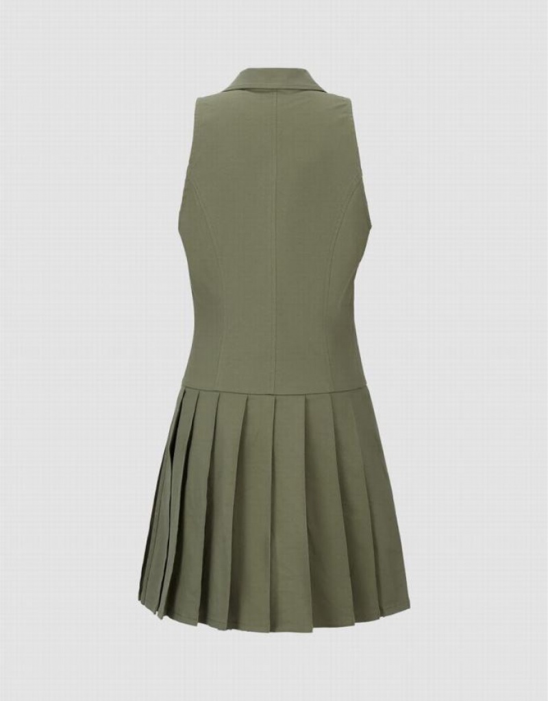 Khaki Urban Revivo Sleeveless Lapel Skater Women's Short Dress | QDRKOY-049