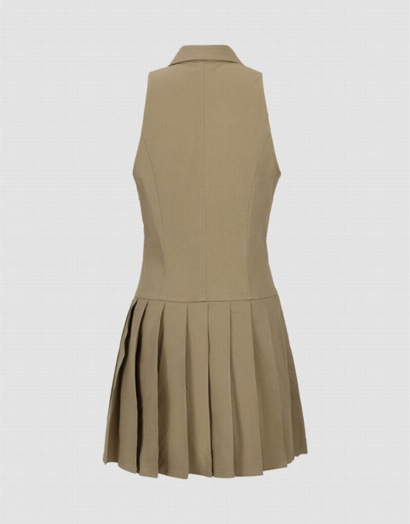 Khaki Urban Revivo Sleeveless Lapel Skater Women's Short Dress | QDRKOY-049