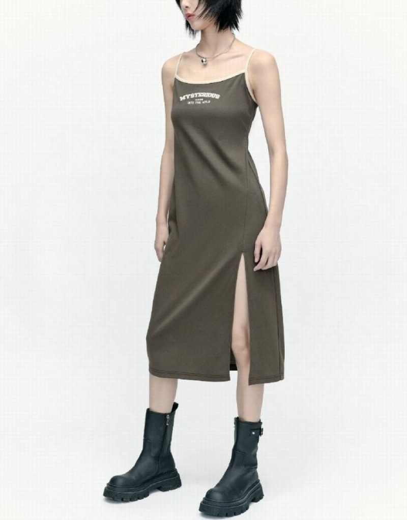 Khaki Urban Revivo Sleeveless U Neck Skinny Women's Dress | SICJOV-179