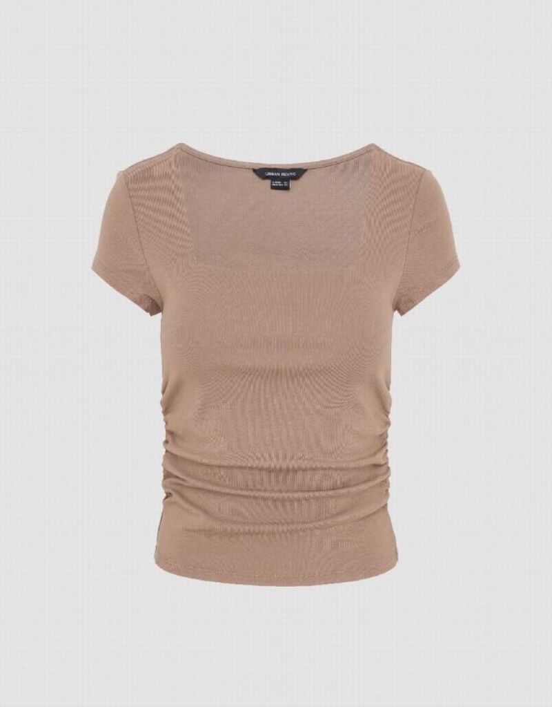 Khaki Urban Revivo Square-Cut Collar Skinny Knitted Women's T-Shirts | LDBOVC-153