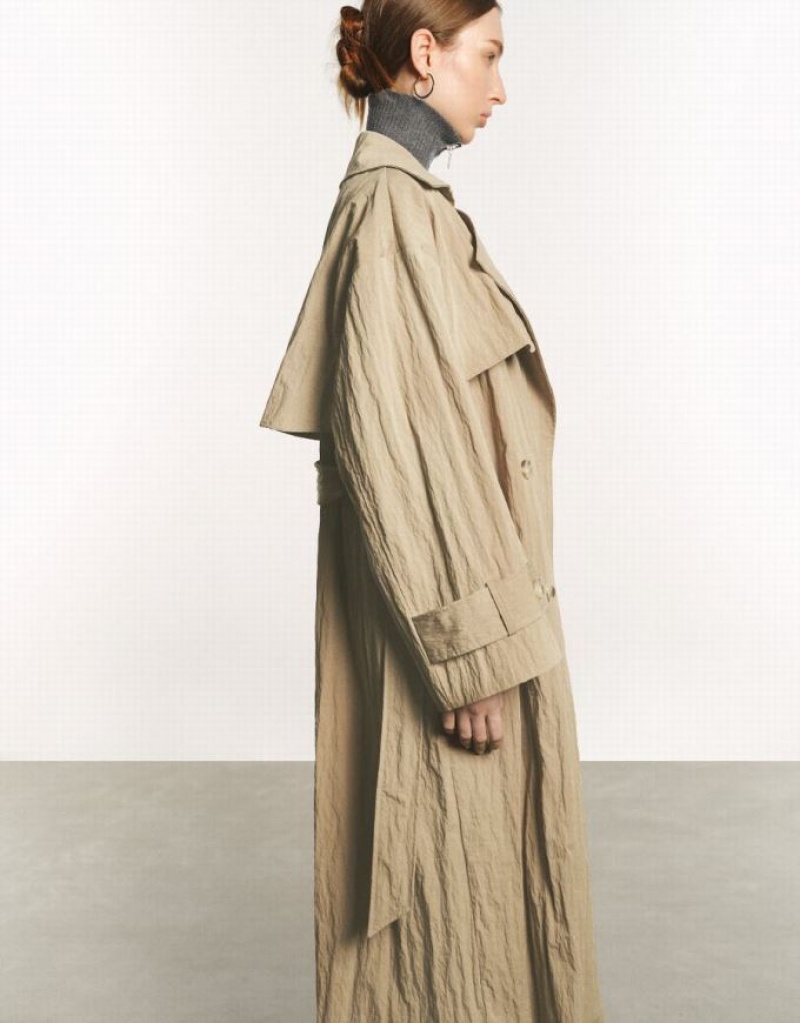 Khaki Urban Revivo Straight With Belt Women's Trench Coat | CMYVRA-056