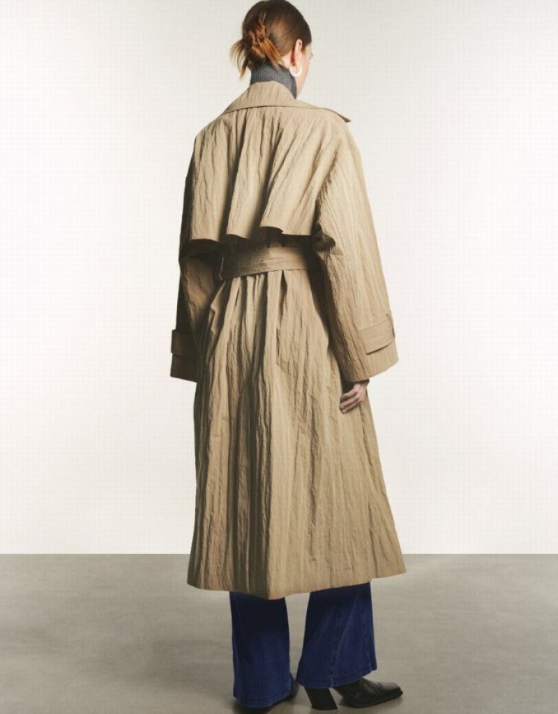 Khaki Urban Revivo Straight With Belt Women's Trench Coat | CMYVRA-056