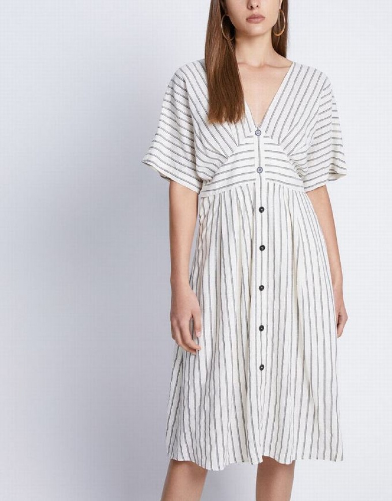 Khaki Urban Revivo Striped Button Front Midi Women's Midi Dress | ECZWJU-215