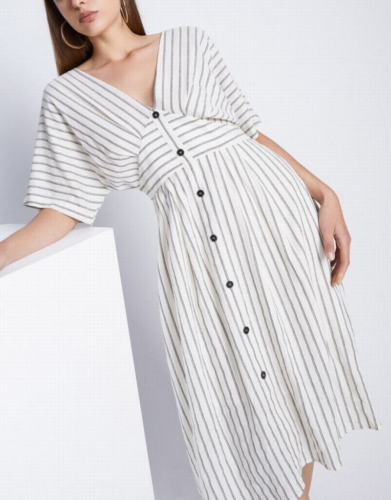 Khaki Urban Revivo Striped Button Front Midi Women's Midi Dress | ECZWJU-215