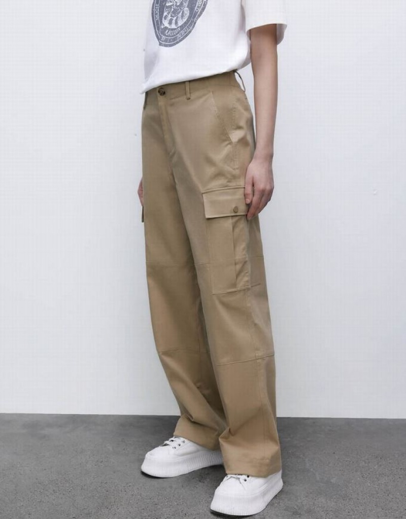 Khaki Urban Revivo Wide-Leg Women's Pants | NHYSUA-642