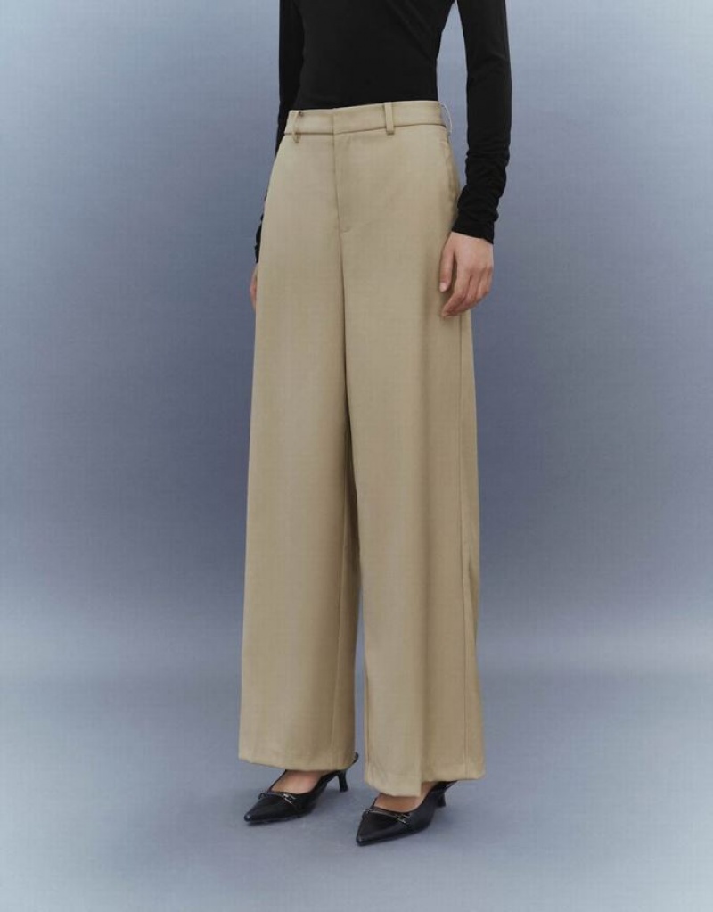 Khaki Urban Revivo Wide-Leg Women's Pants | ZTHUIG-438