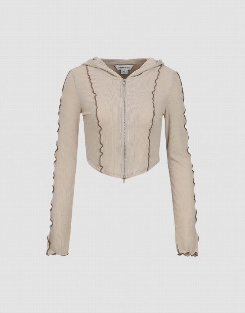 Khaki Urban Revivo Zipper Front Knitted Women's Jacket | OYWPBZ-932