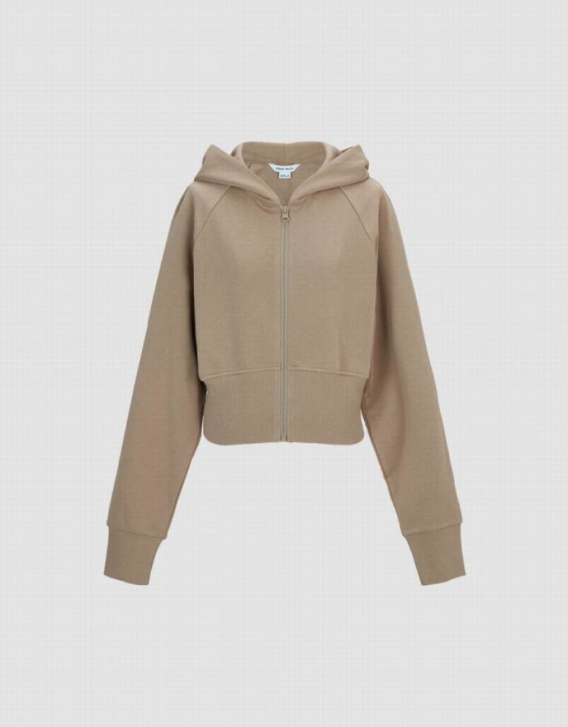 Khaki Urban Revivo Zipper Front Raglan Sleeve Knitted Women's Jacket | QDPCTX-387