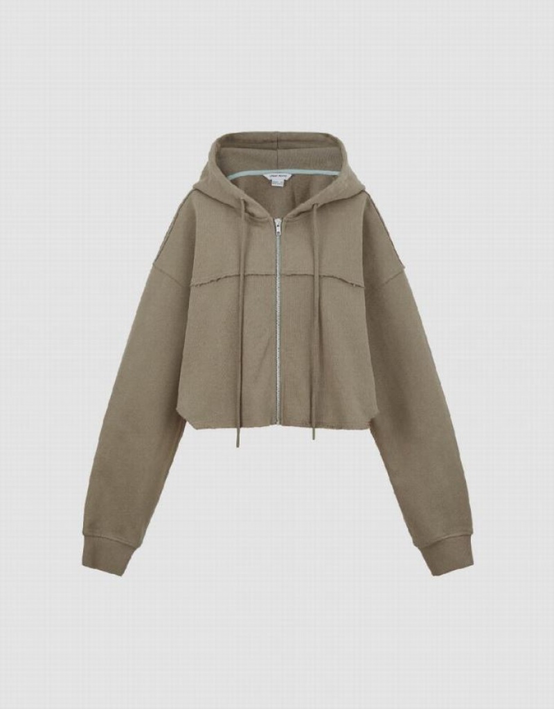 Khaki Urban Revivo Zipper Front Women's Hooded Jackets | YABXKO-372