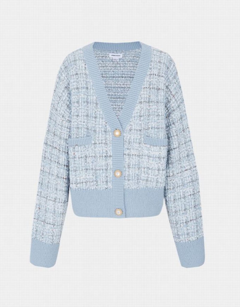 Light Blue Urban Revivo Pocket Tweed Plaid Women's Cardigan | FPBCDI-305