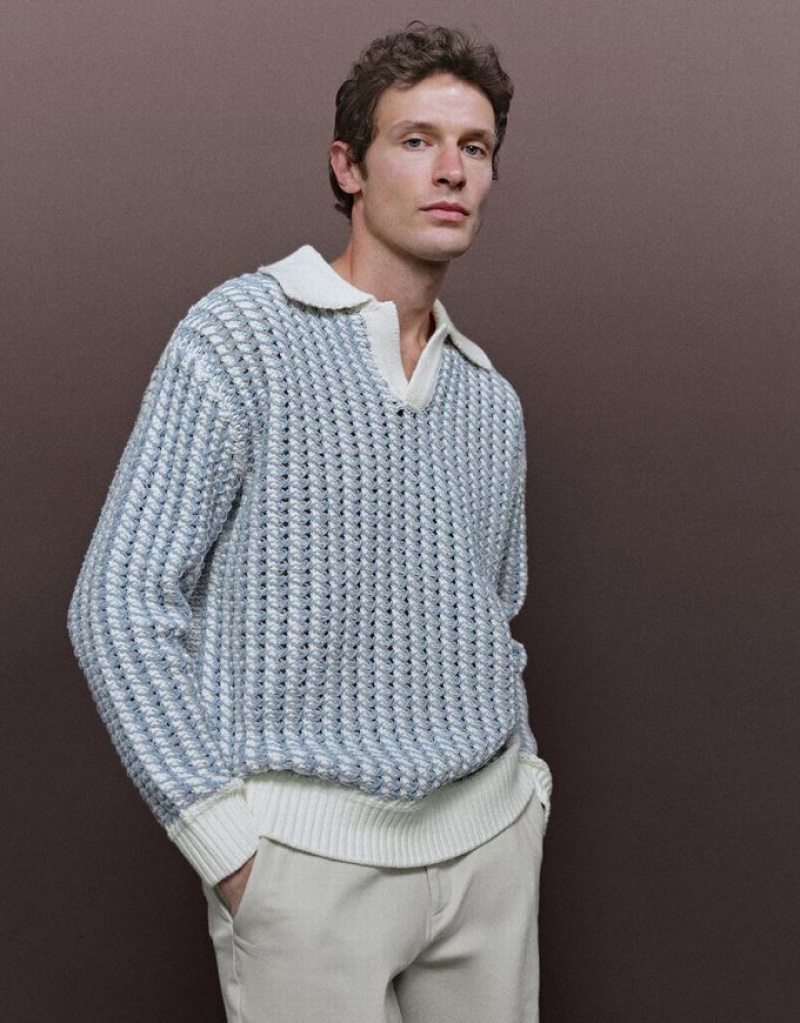 Light Blue Urban Revivo Striped Two Toned Knitted Men's Cardigan | POXLRH-274