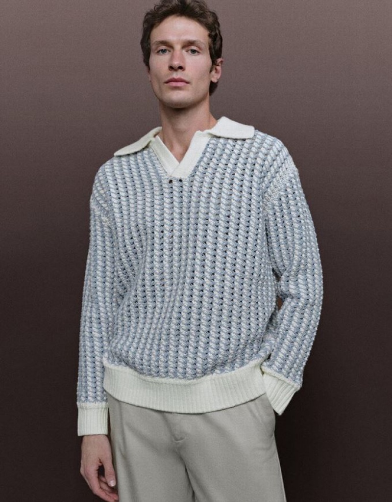 Light Blue Urban Revivo Striped Two Toned Knitted Men\'s Cardigan | POXLRH-274