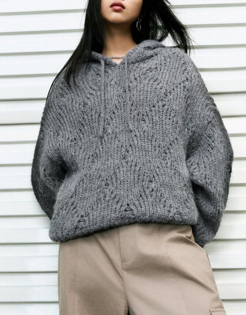 Light Grey Urban Revivo Drop Shoulder Sleeve Hooded Knitted Women's Cardigan | TVZIJE-419