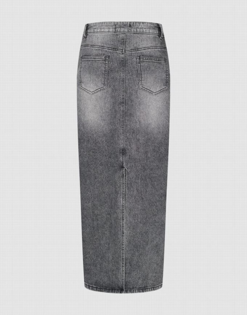 Light Grey Urban Revivo Midi Straight Women's Denim Skirt | SBIDMF-039