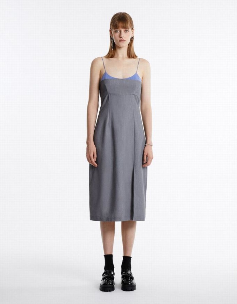 Light Grey Urban Revivo Slit Hem Contrast Color Women's Casual Dress | VTEKDR-658