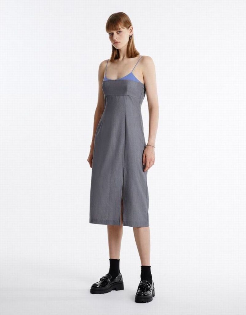 Light Grey Urban Revivo Slit Hem Contrast Color Women's Casual Dress | VTEKDR-658